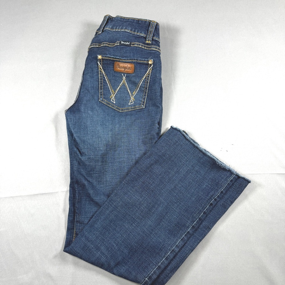 Wrangler Retro Mae Mid Rise Bootcut Jeans 7x34 Dark Wash Raw Frayed Hem Cowgirl